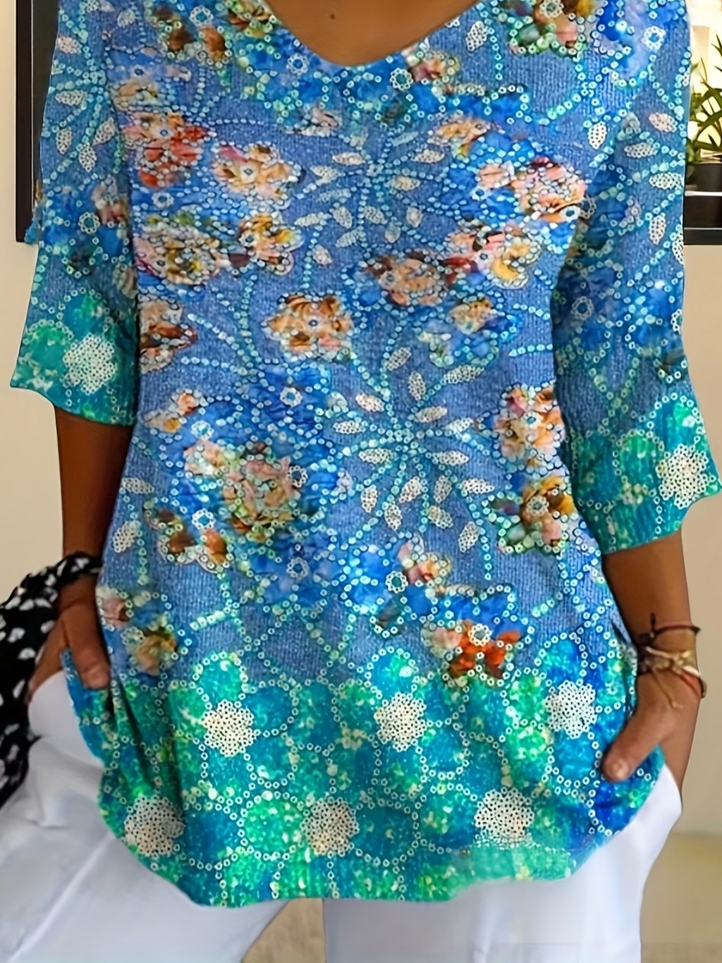 Women's Three Quarter Sleeve T-shirt Spring/Fall Blue Floral Printing V Neck Daily Going Out Casual Top