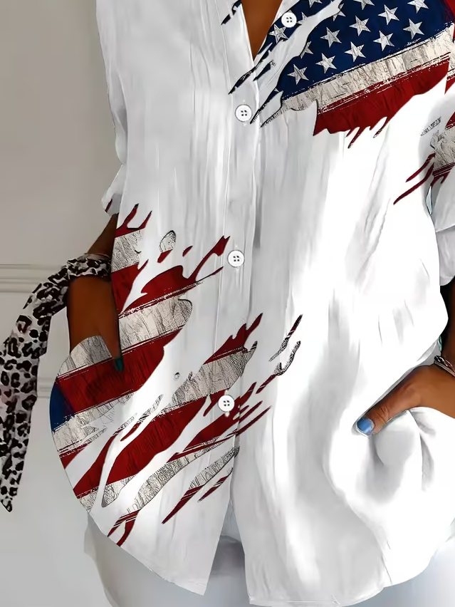 Women's Long Sleeve Shirt Spring/Fall White America Flag Buckle Shirt Collar Regular Sleeve Daily Going Out Casual Top