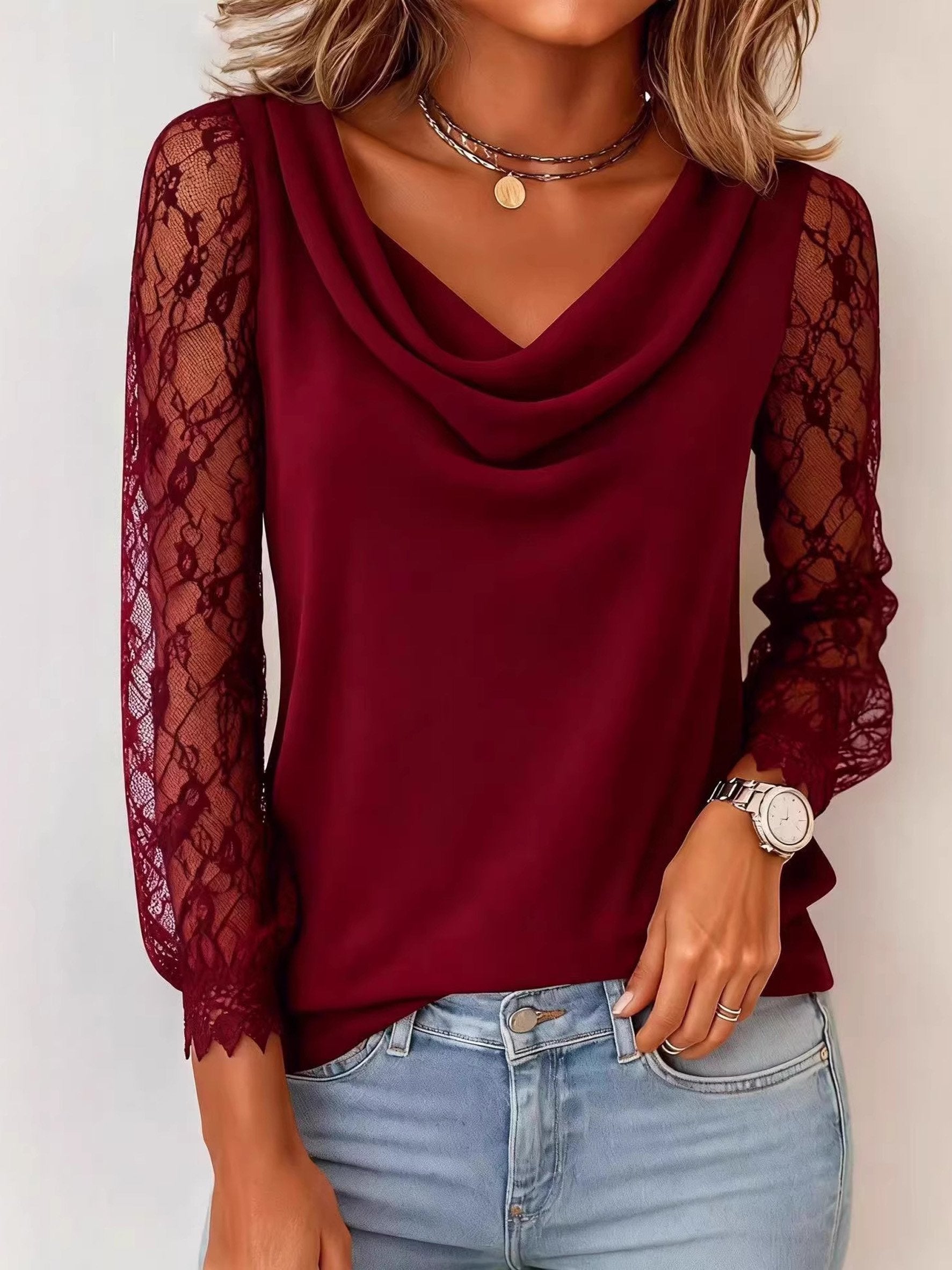 Plain Long Sleeve Cowl Neck Party Lace Block T-Shirt Elegant Blouse