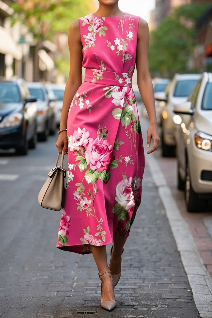 Pink Floral Sleeveless Midi Dress A-Line Wedding Guest Cocktail Dress