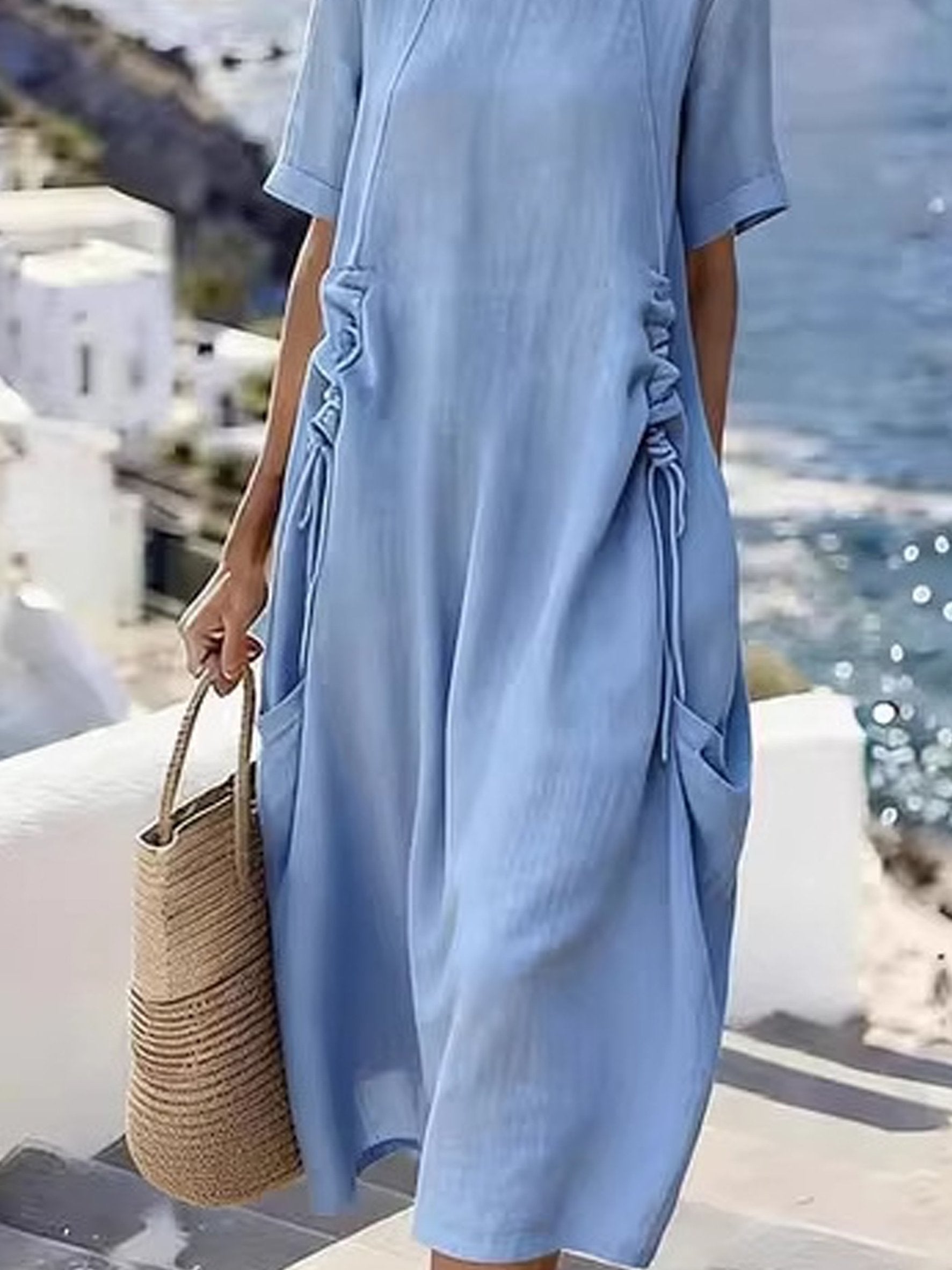 Plain Linen Blend Round Neck Short Sleeve Casual Dress