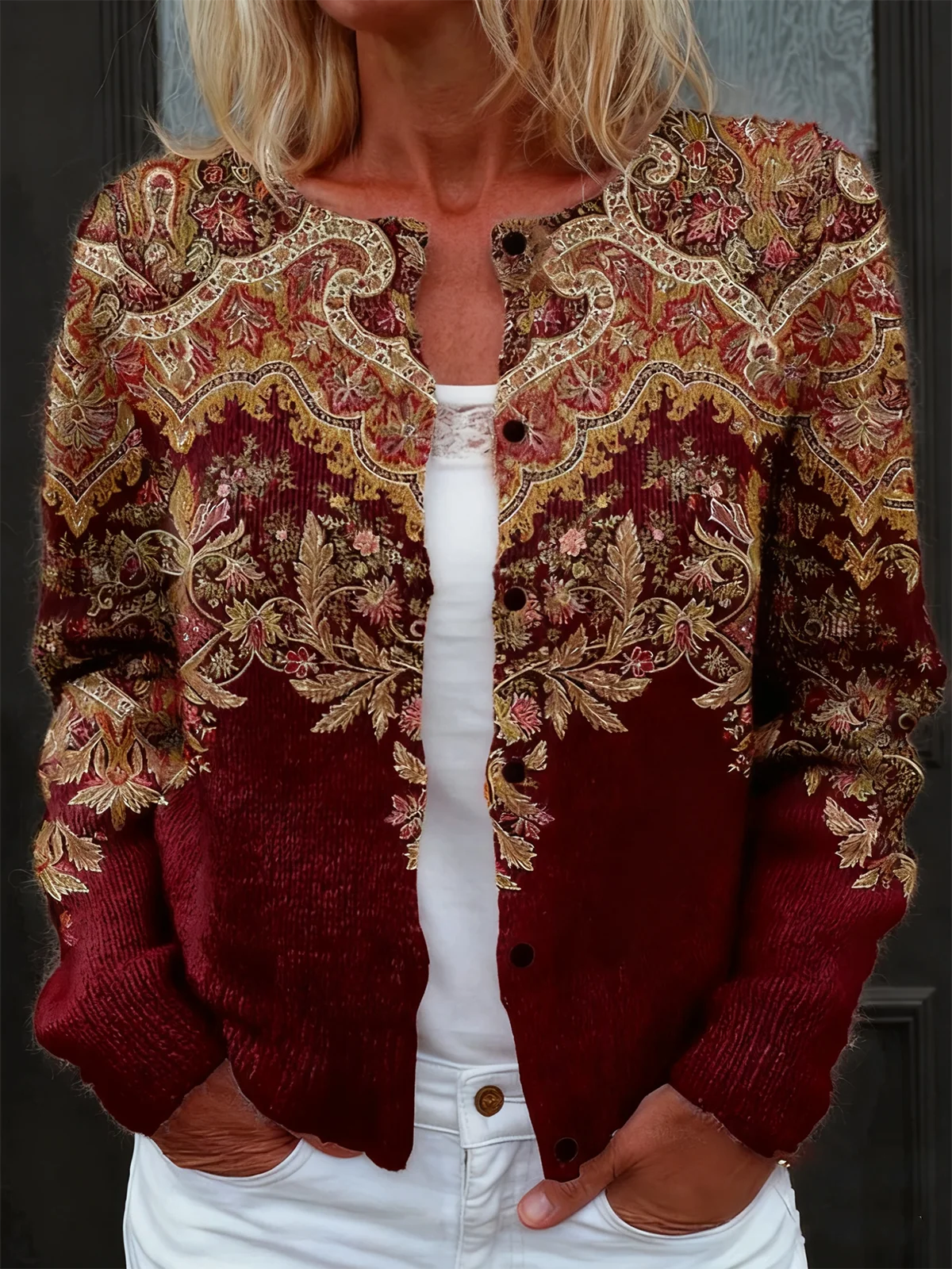 Women's National Totem Art Print Buttoned Cardigan Sweater