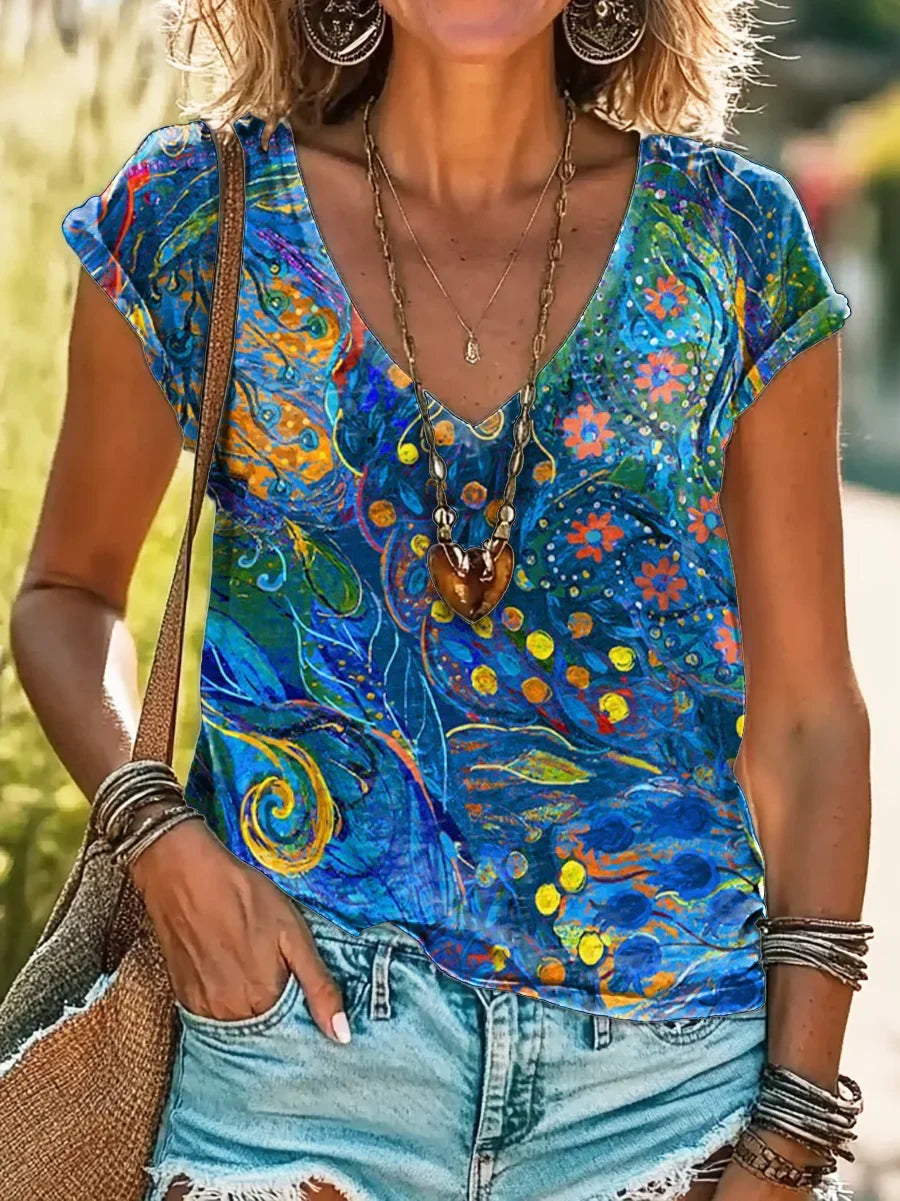 Women's Short Sleeve T-shirt Summer Blue Abstract Printing V Neck Daily Going Out Casual Top