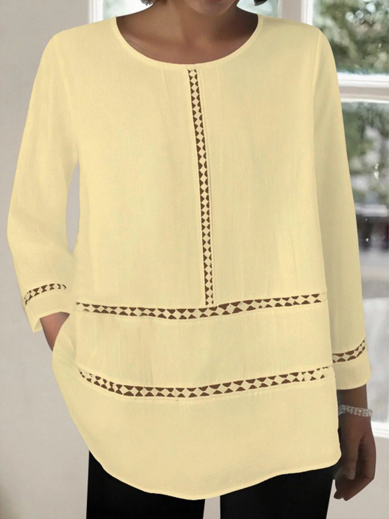 Casual Plain Lace Edge Crew Neck Blouse