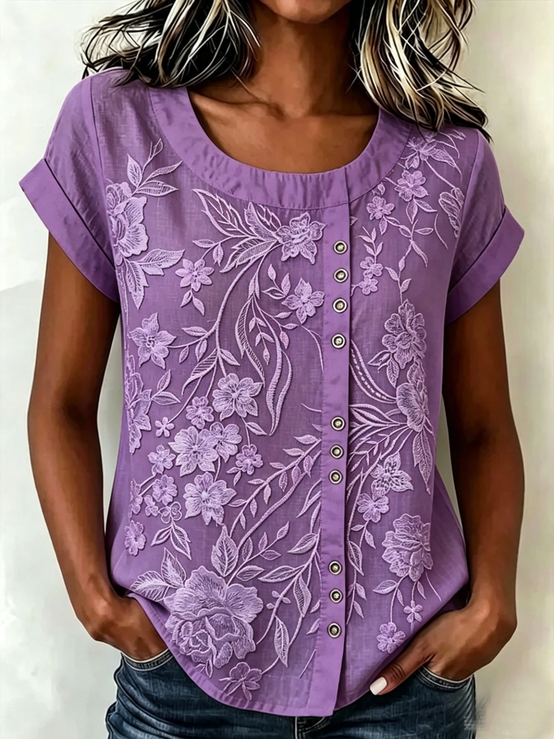 3D Printing Casual Linen Blend Crew Neck Loose Casual Top