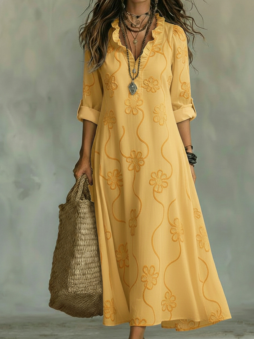 V Neck Ruffle Vacation Embroidery Patterns Elegant Maxi Dress