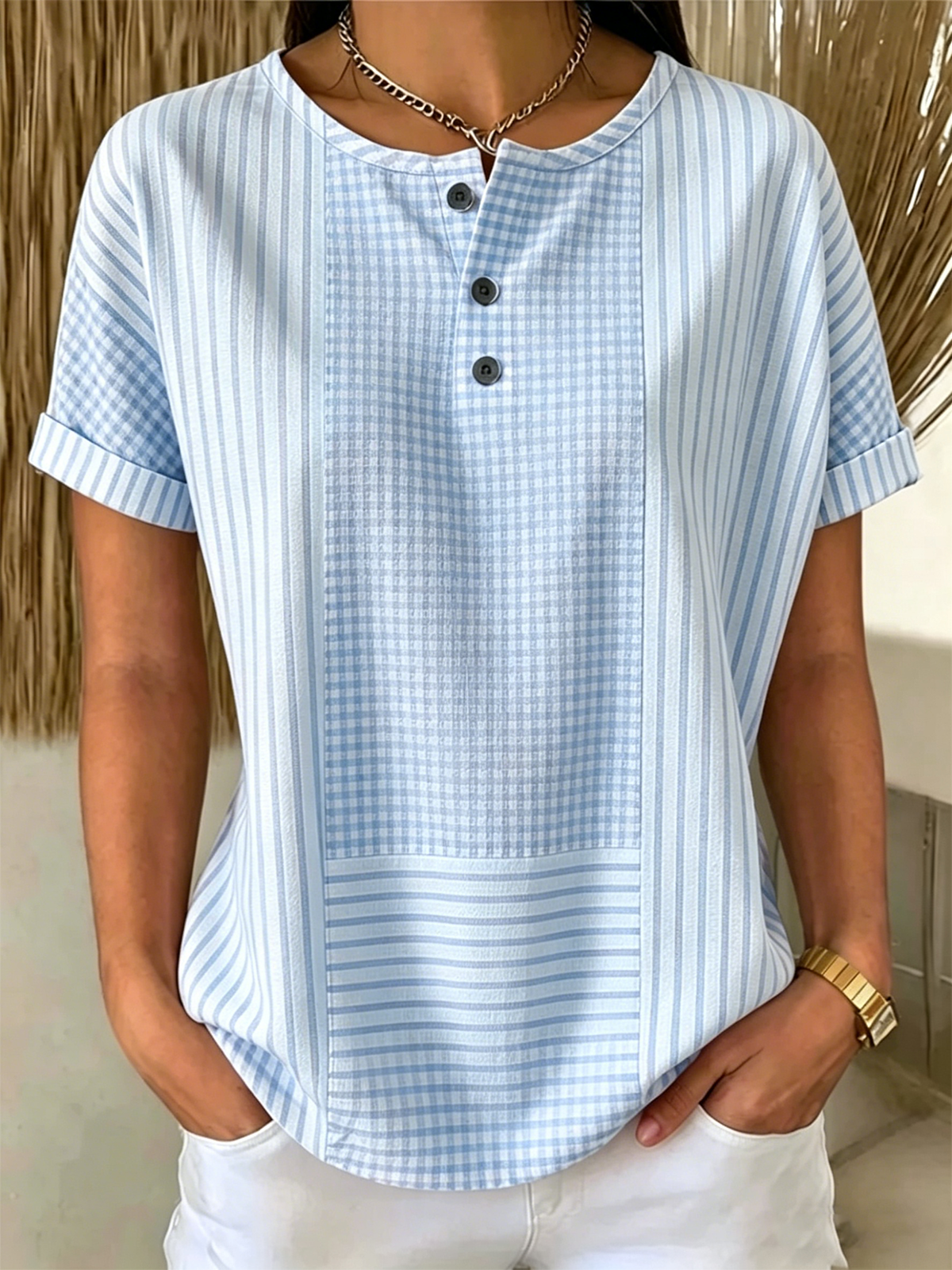 Women's Gingham & Stripe Patchwork Henley Short Sleeve Button T-Shirt