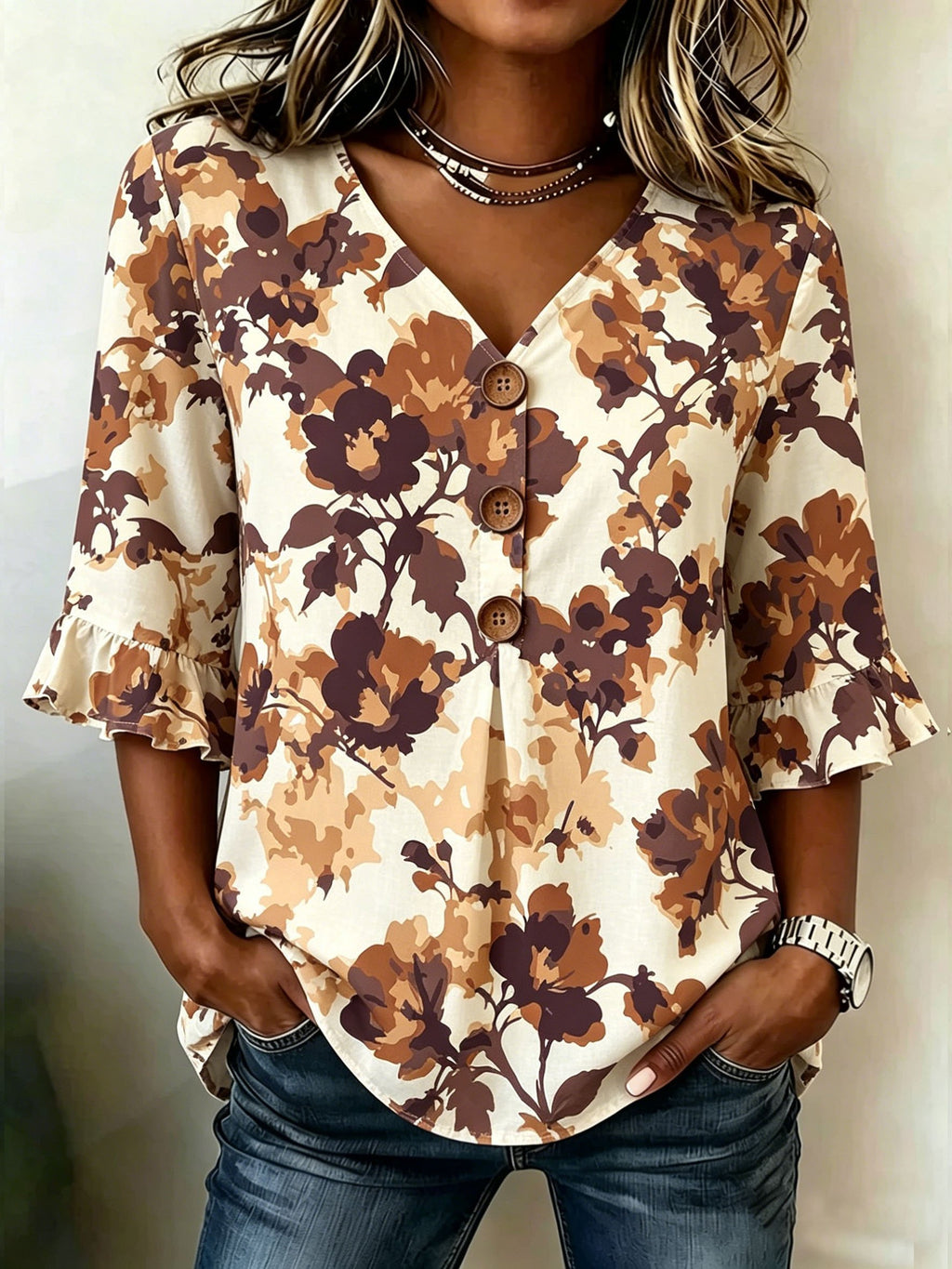 Women's Floral Half Ruffle Sleeve Blouse Summer V Neck Button Daily Going Out Vintage Top