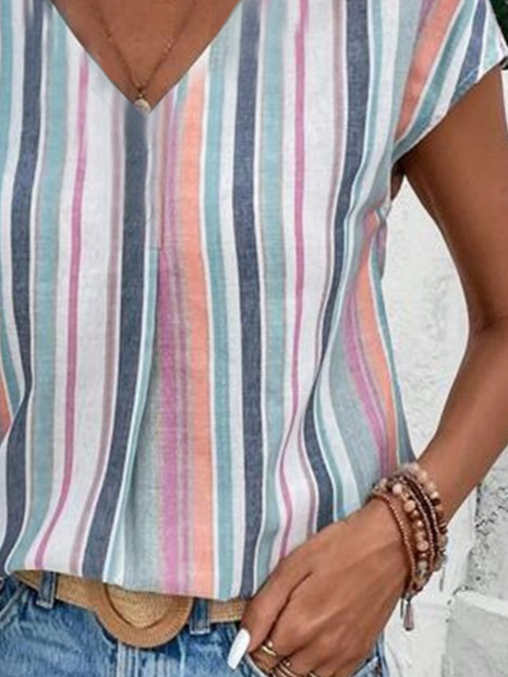 Women's Striped Print Casual V-Neck Short Sleeve T-Shirt