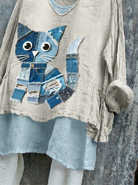 Women's Long Sleeve Blouse Spring/Fall Apricot Cat Printing V Neck Daily Going Out Casual Top