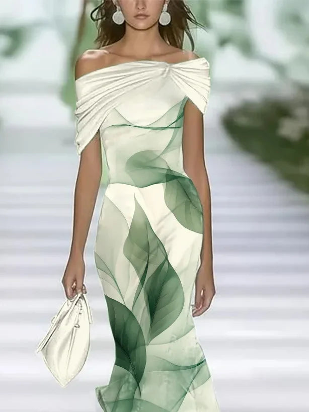 Women's Cap Sleeve Summer Green Leaf Printing Cold Shoulder Daily Going Out Vintage Maxi H-Line Dress