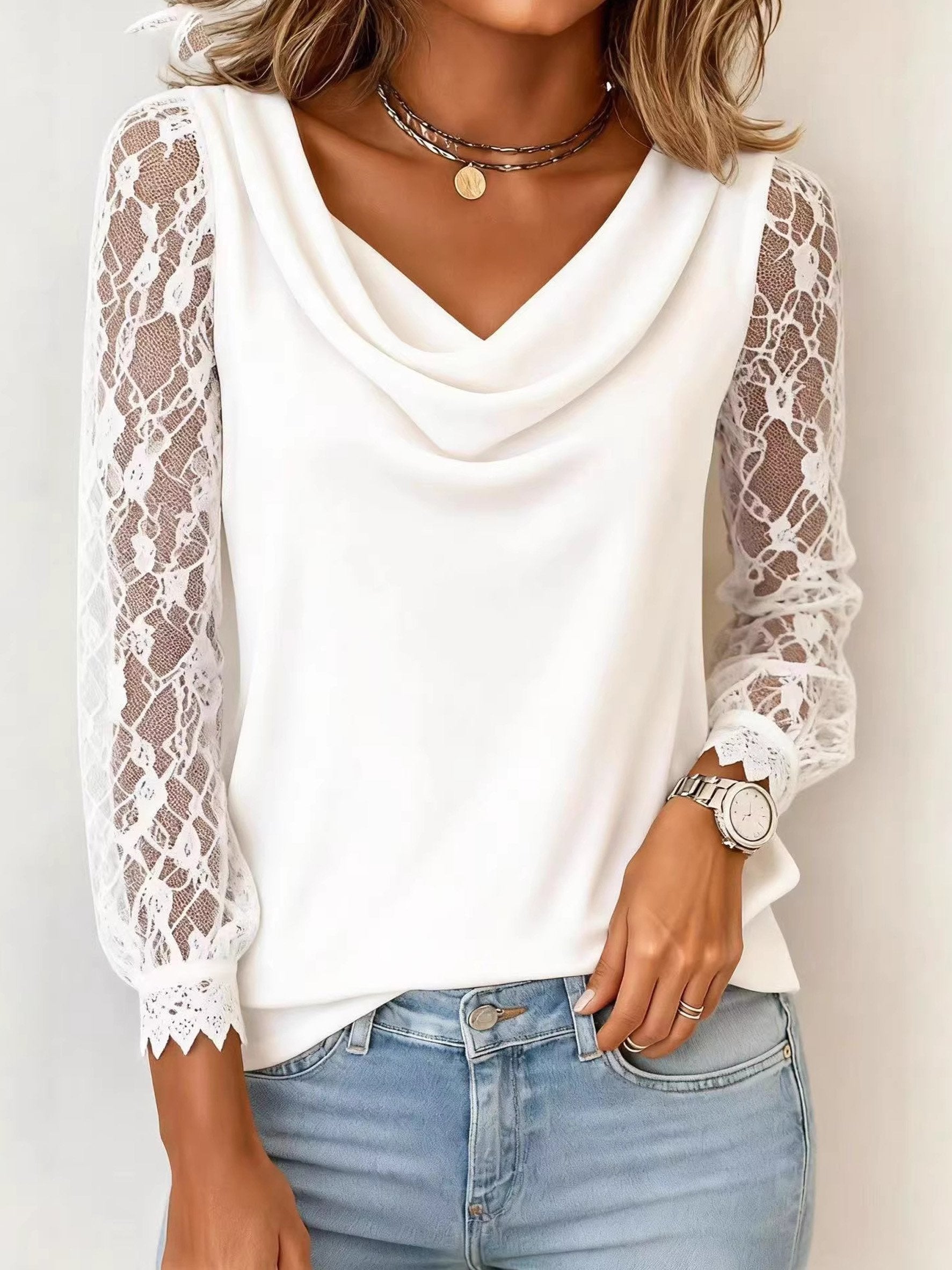Plain Long Sleeve Cowl Neck Party Lace Block T-Shirt Elegant Blouse
