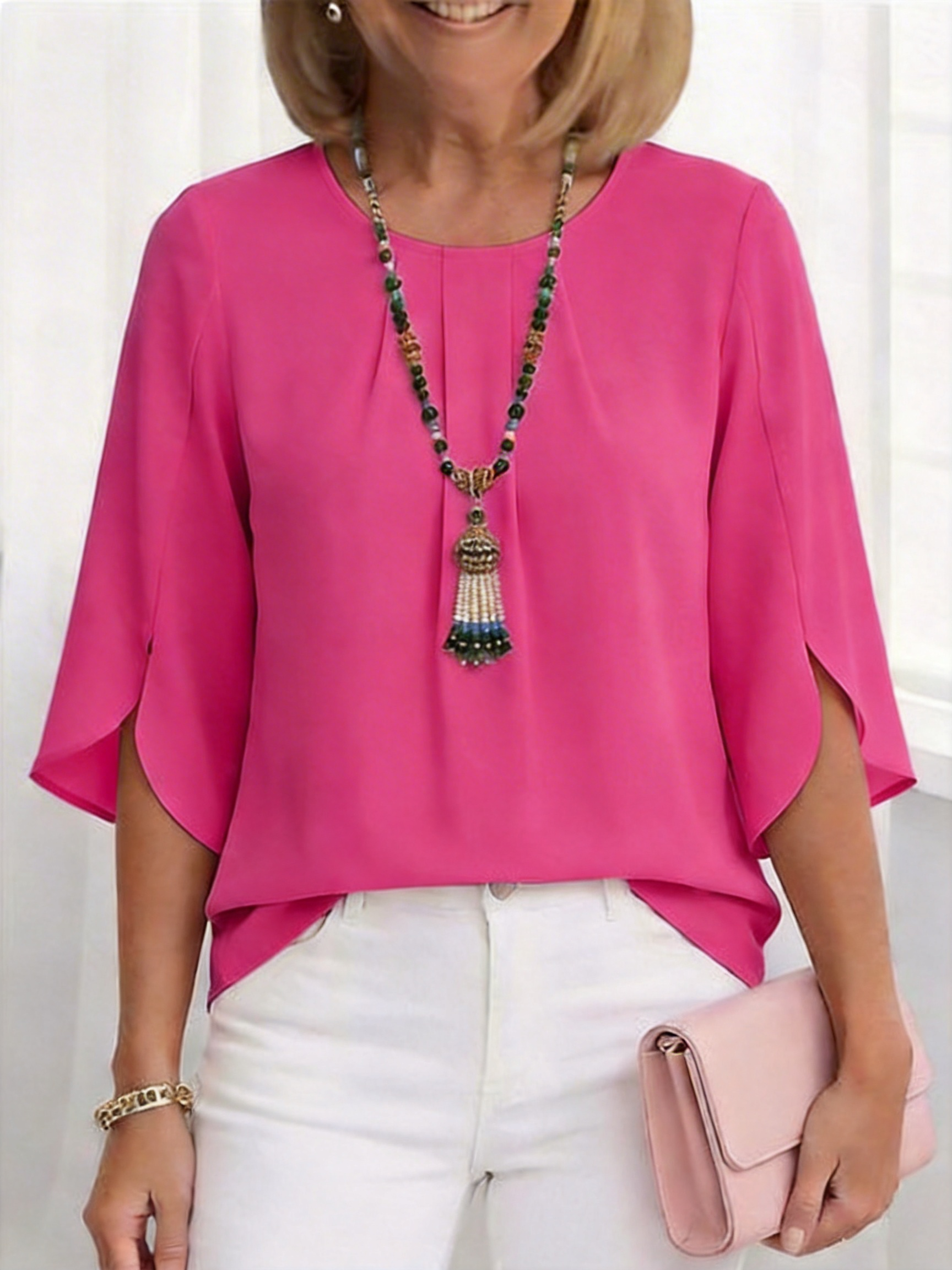 Solid Round Neck Ruffle Sleeve Loose Fit T-Shirt