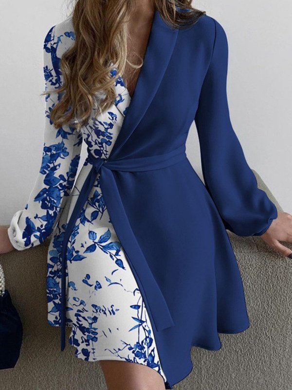 Women's Long Sleeve Spring/Fall Black Floral Split Joint V Neck Daily Going Out Vintage Mini A-Line Hip Skirt Dress