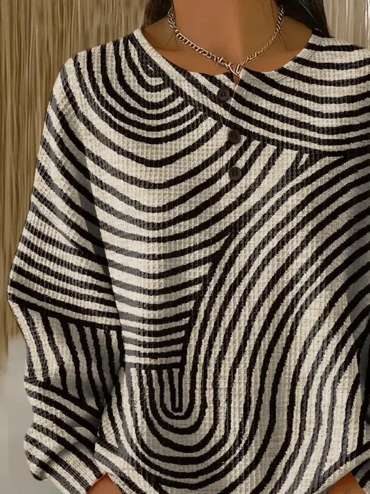 Women's Abstract Print Button-Up Casual Waffle Knit Sweatshirt