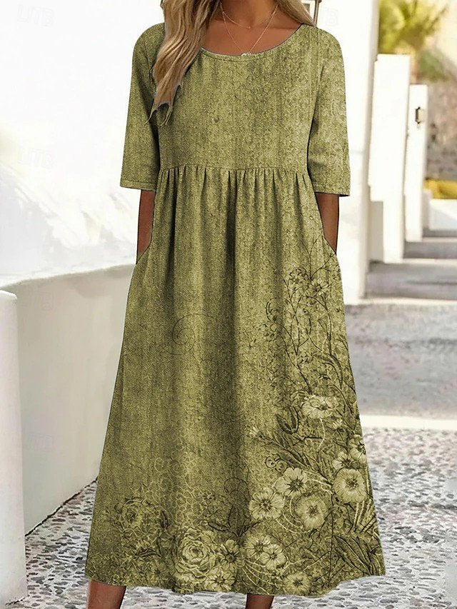 Loose Casual Crew Neck Floral Dress With No