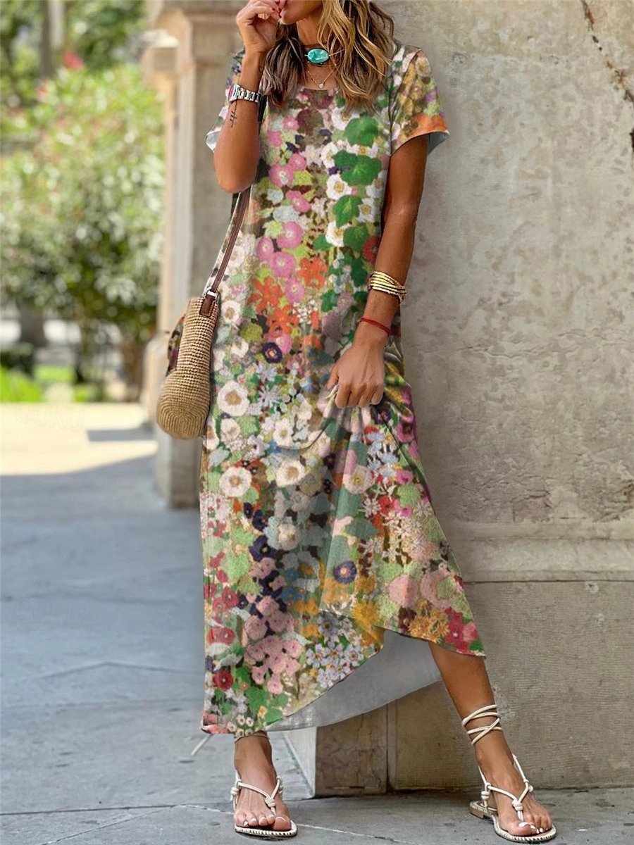 Women's Crew Neck Printed Dress with Side Slits