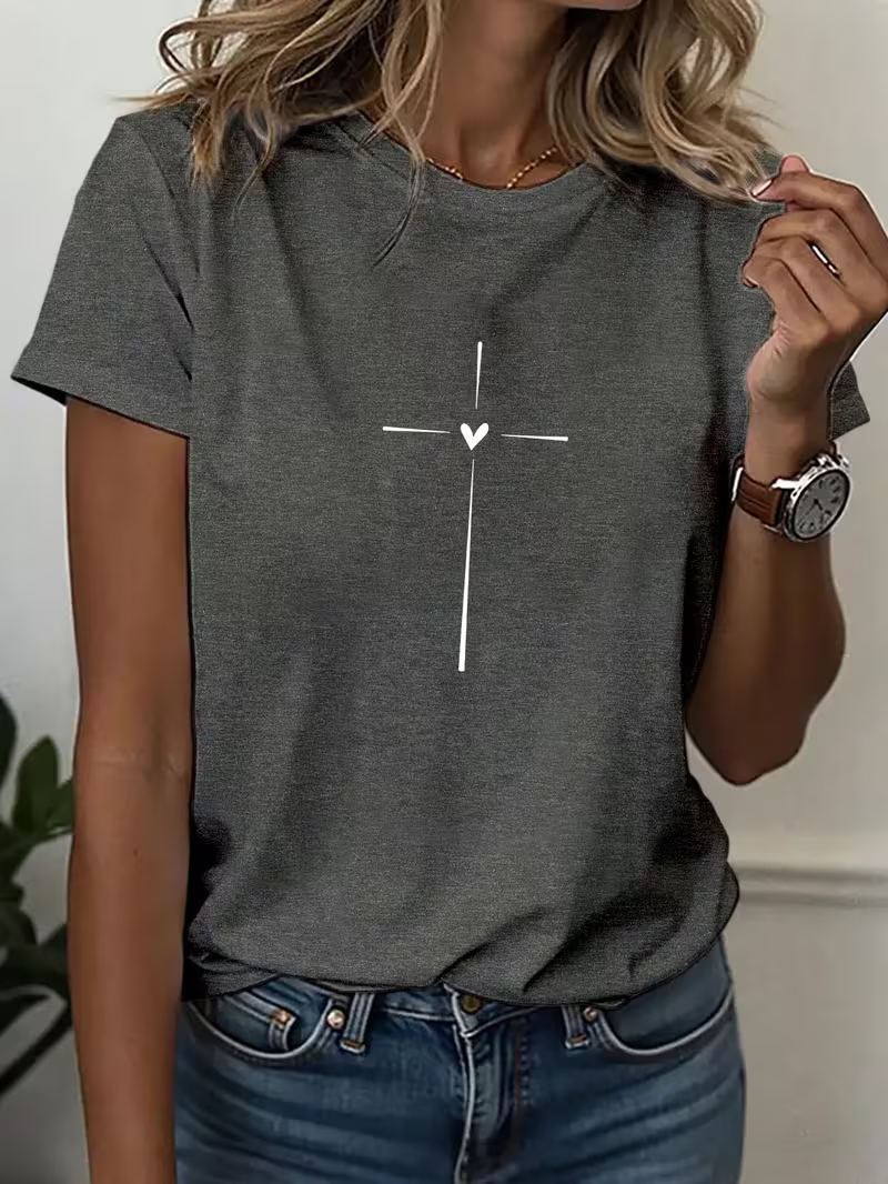 Women's Short Sleeve T-shirt Summer Gray Heart/Cordate Printing Jersey Crew Neck Daily Going Out Casual Top