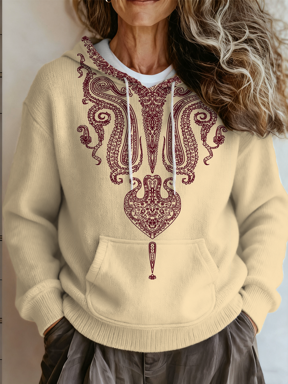 Loose Gradient Pattern Ethnic Hoodie Sweater