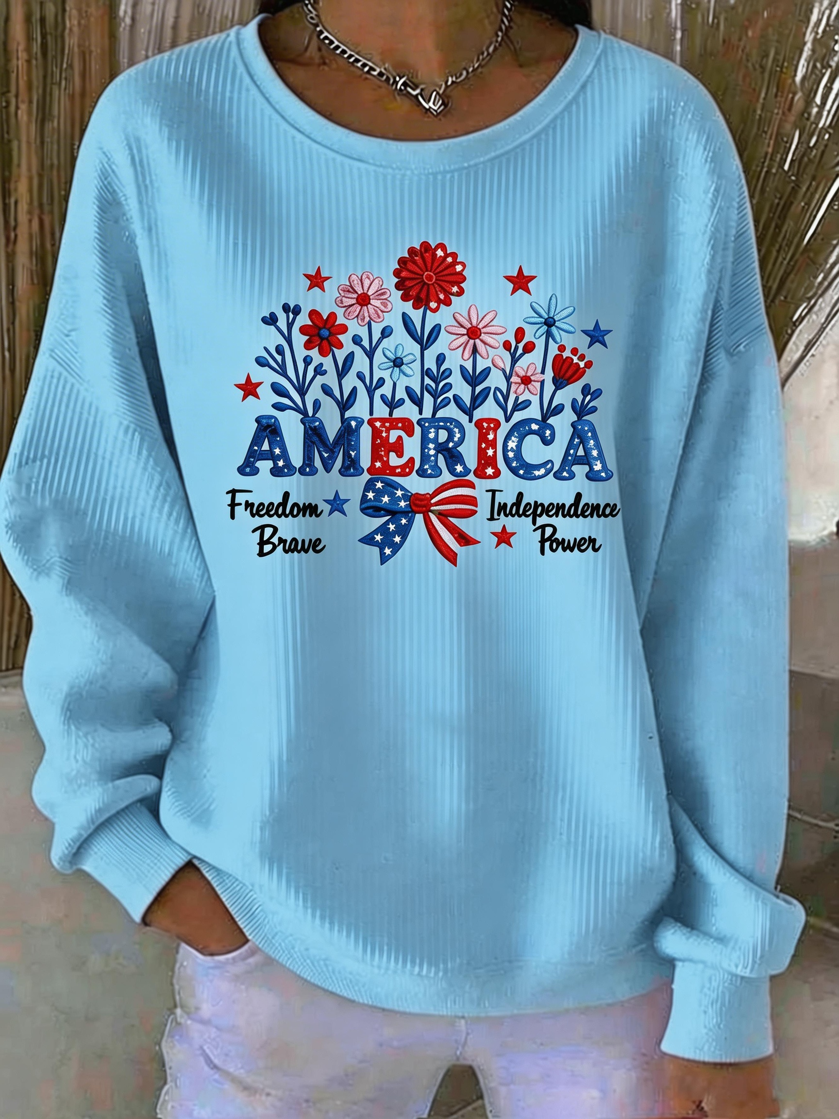 Patriotic Floral 'AMERICA' Ribbed Sweatshirt