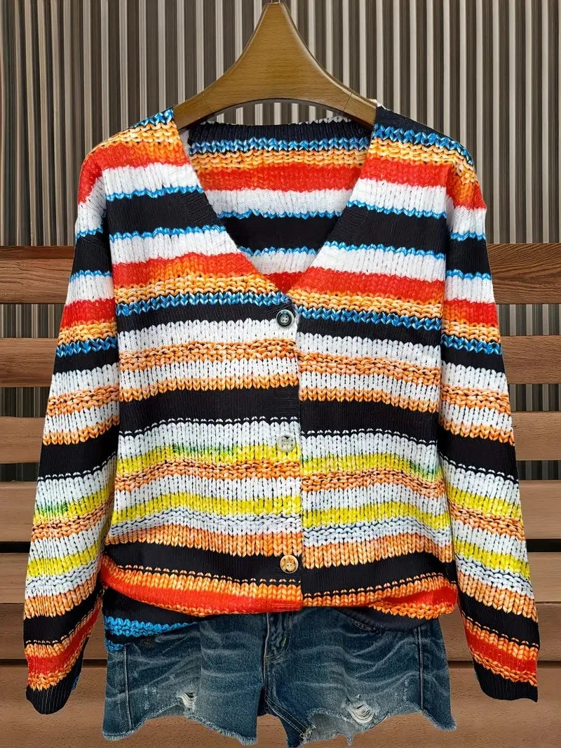 Loose Crew Neck Striped Peasant Cardigan