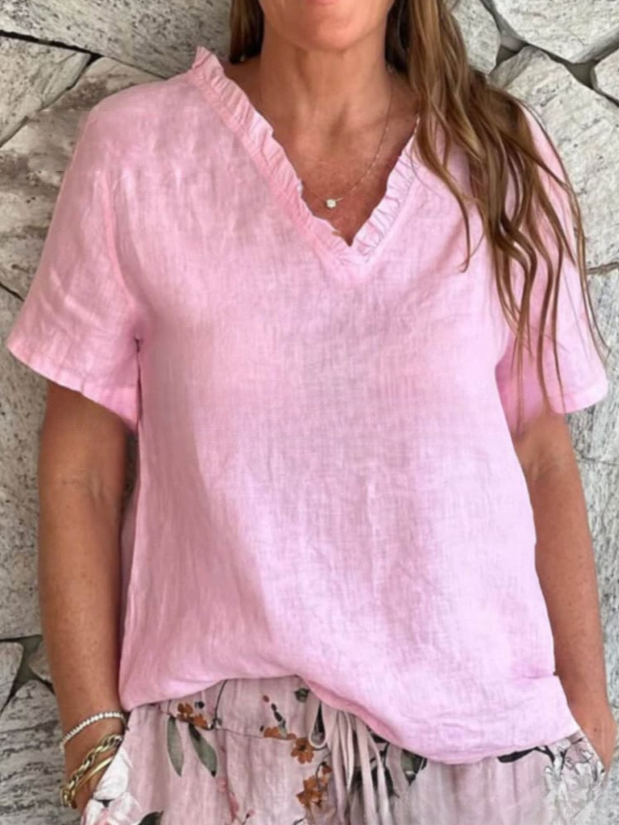 Women's Short Sleeve T-shirt Summer White Plain Split Joint Cotton And Linen V Neck Daily Going Out Casual Top