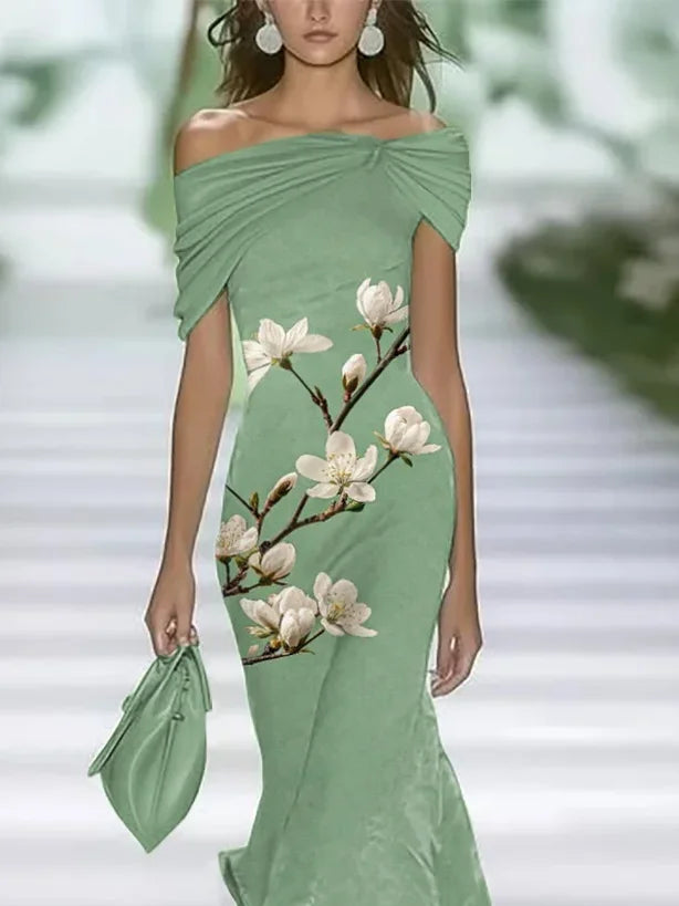 Women's Cap Sleeve Summer Green Floral Printing Cold Shoulder Daily Going Out Vintage Maxi H-Line Dress