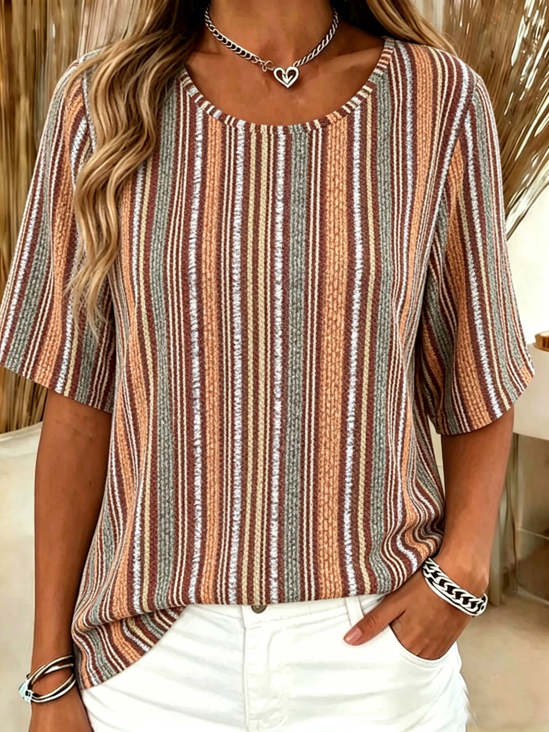 Cotton-Blend Crew Neck Short Sleeve Casual Striped T-Shirt