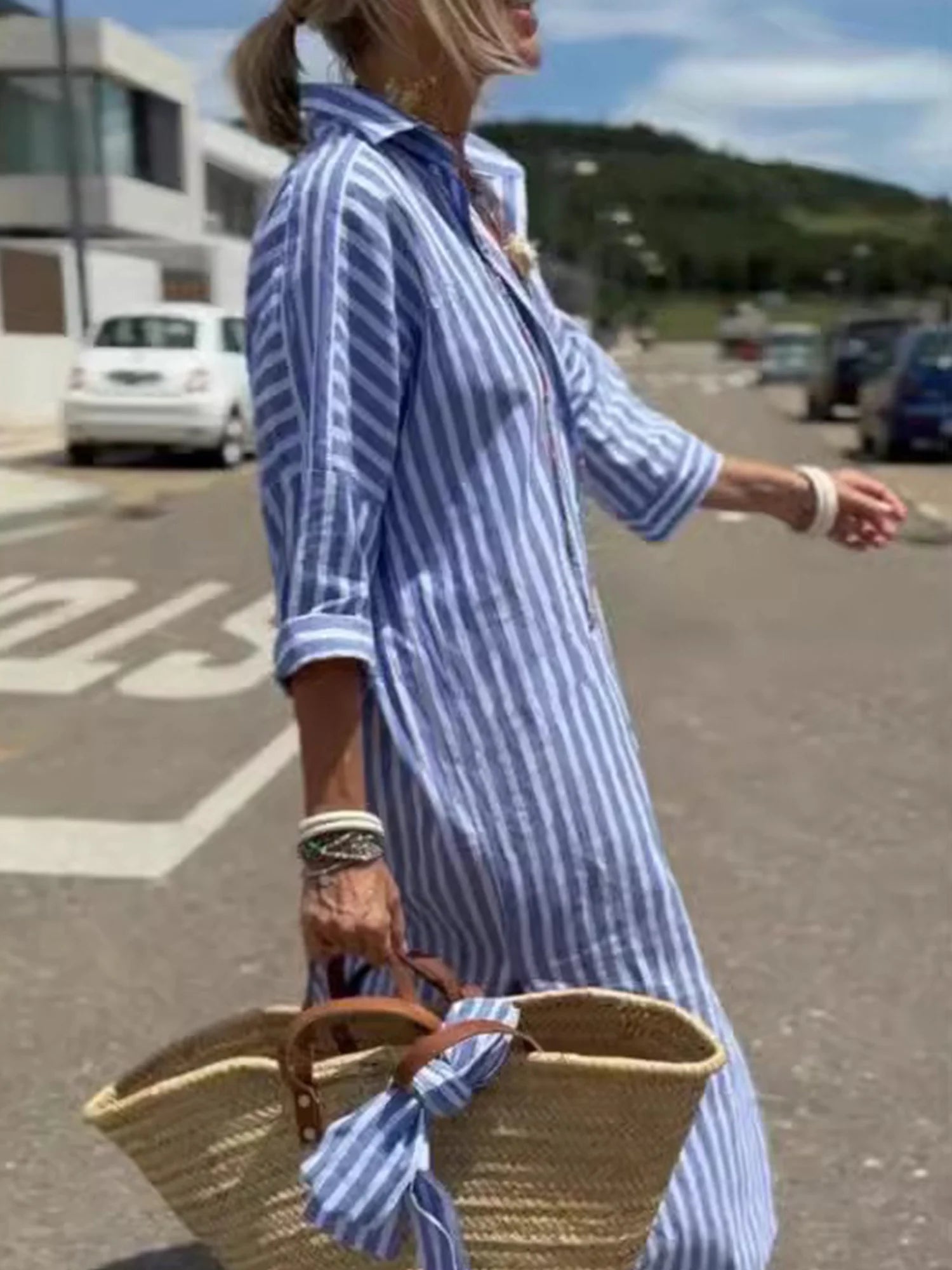 Casual Striped Shirt Collar Midi Dress