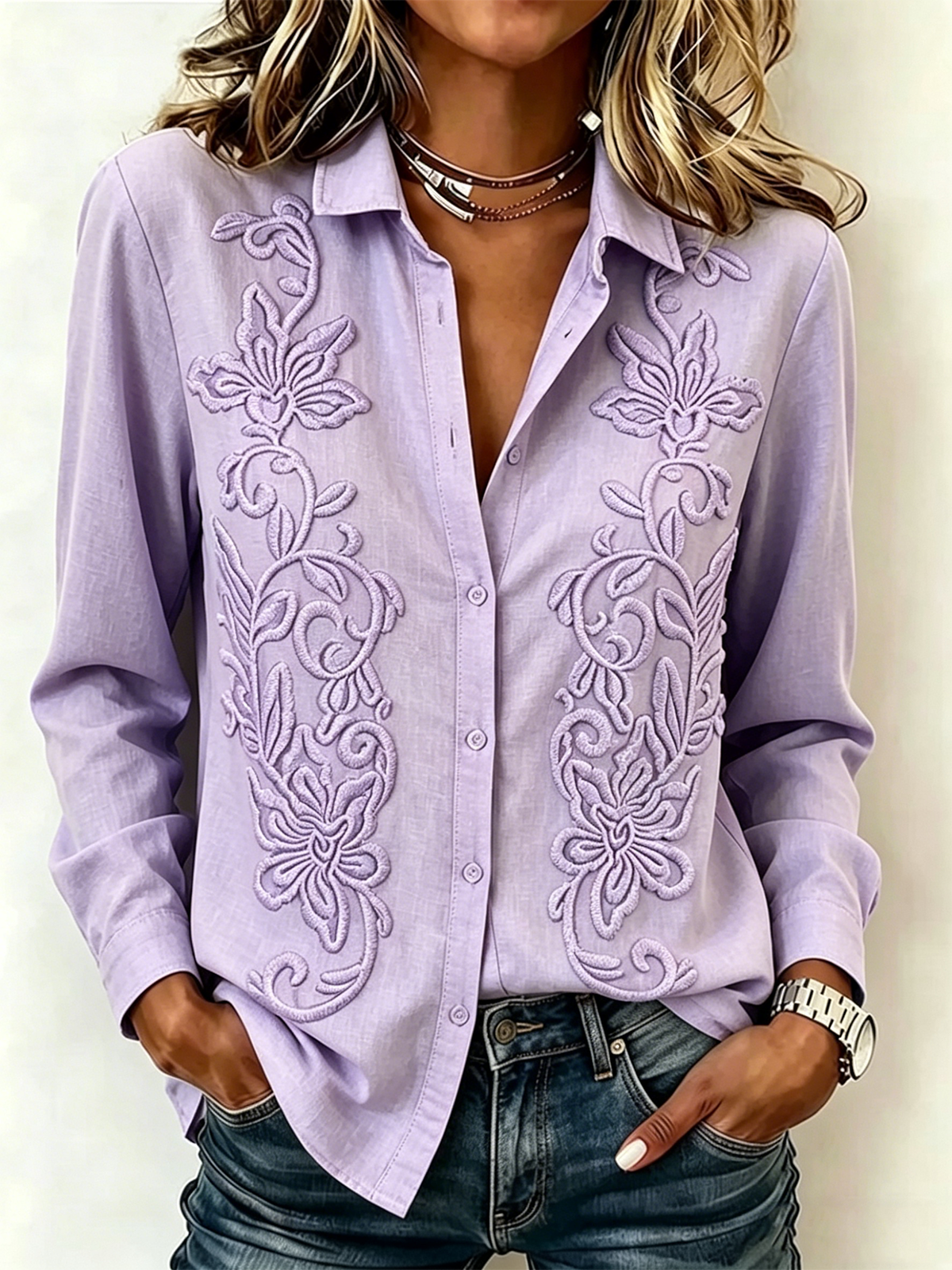 Light Blue 3D Floral Print Long Sleeve Button Front Blouse