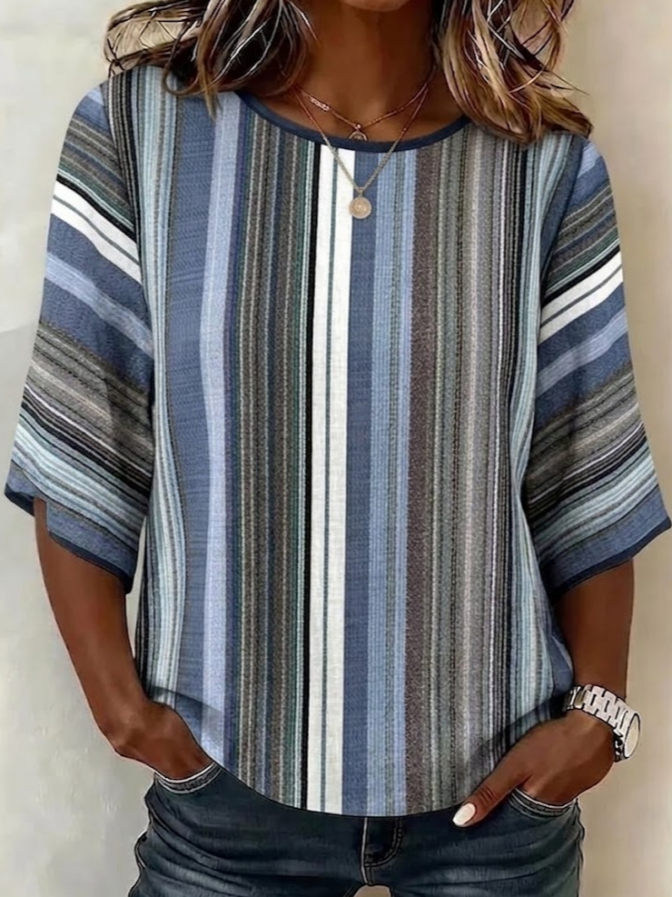 Simple Striped Abstract Graphic Print Crew Neck Casual Loose Top