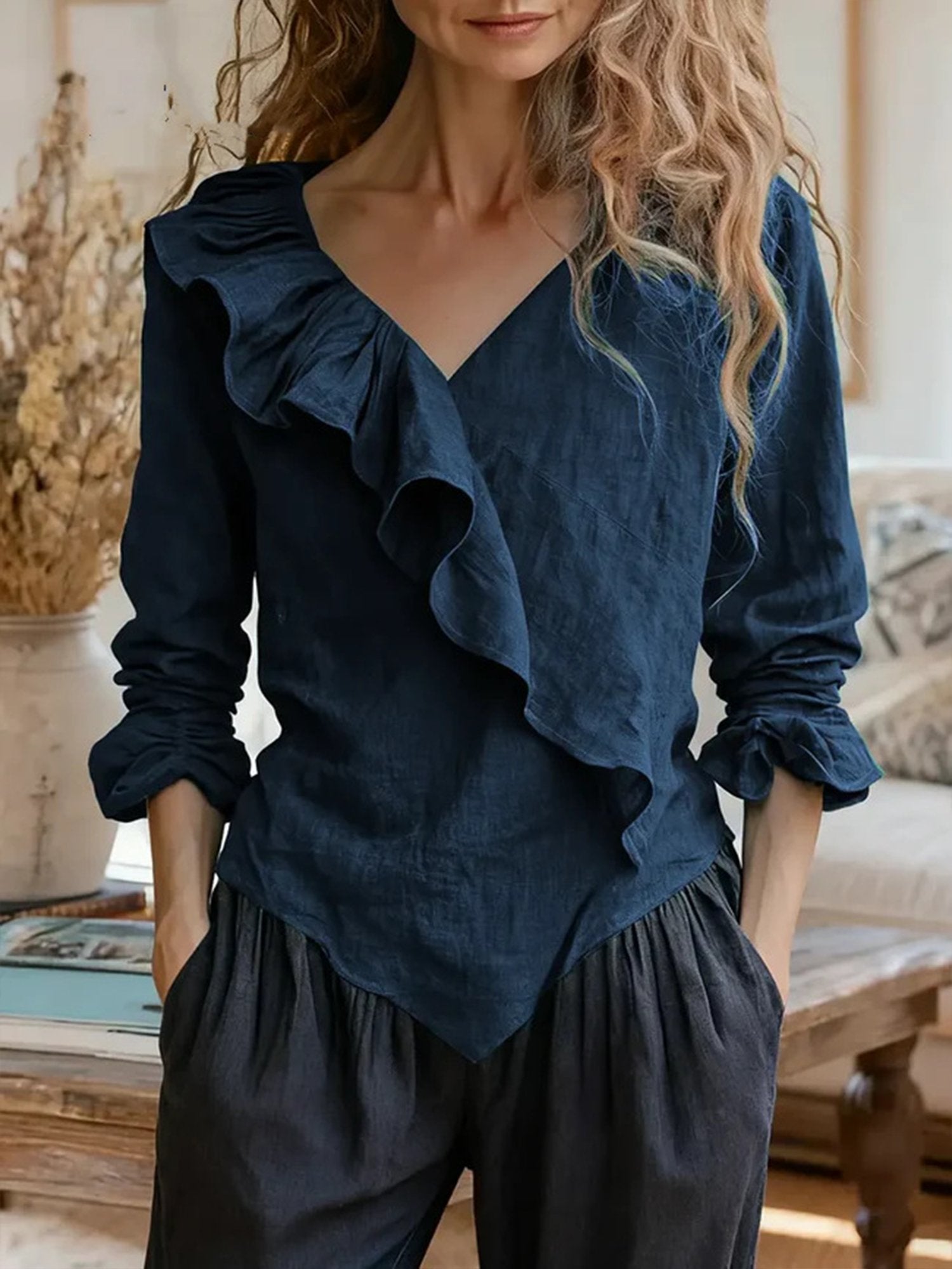 Casual Plain Peplum V Neck Blouse