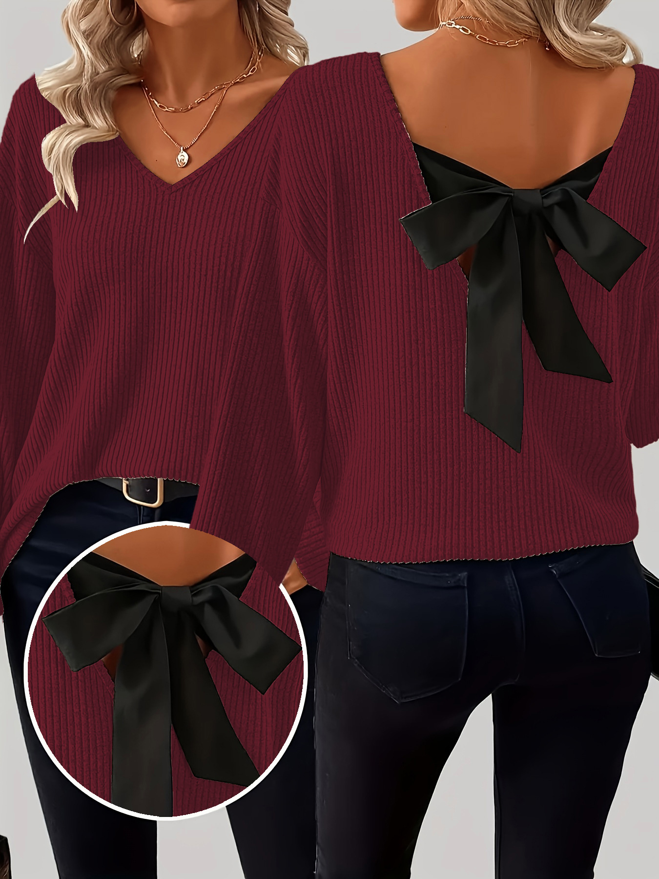 Elegant Plain Bow V Neck Blouse