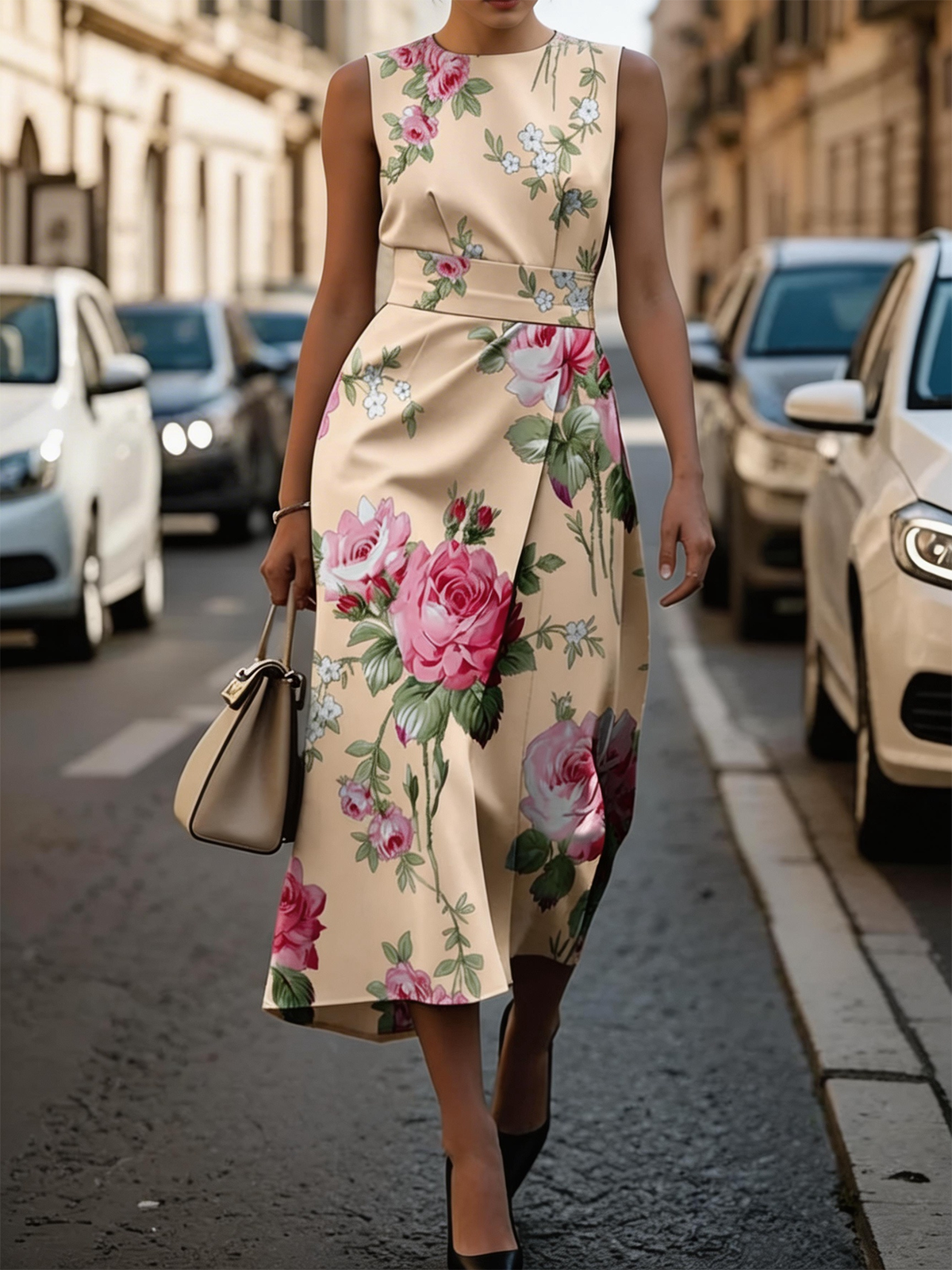 Pink Floral Sleeveless Midi Dress A-Line Wedding Guest Cocktail Dress