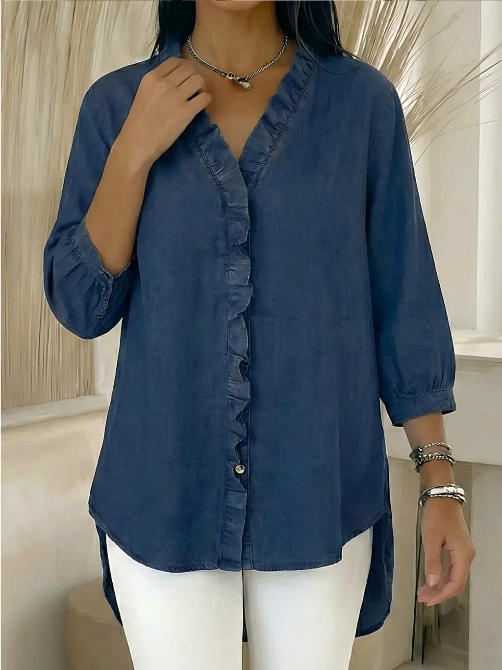 Plain Elegant V Neck Ruffle Denim Blouse