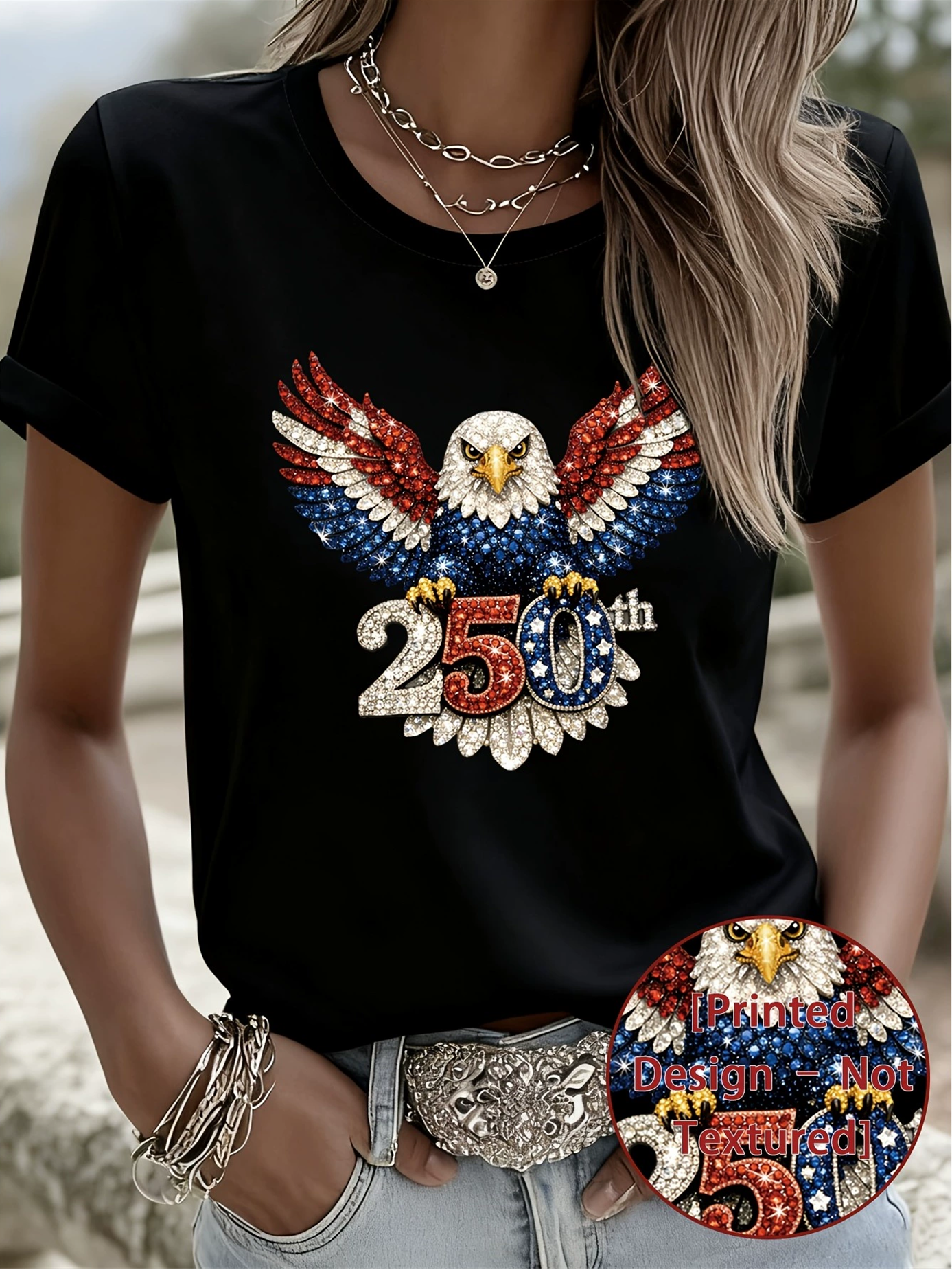 3D Printing Eagle Old Glory Round Neck Short Sleeve 250th Anniversary Vintage Casual T-Shirt