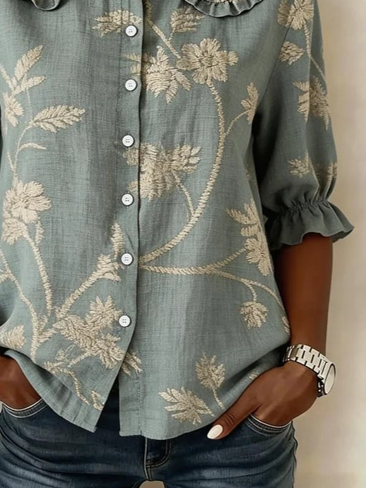 Women's Casual Peter Pan Collar Printed Cotton Linen Shirt
