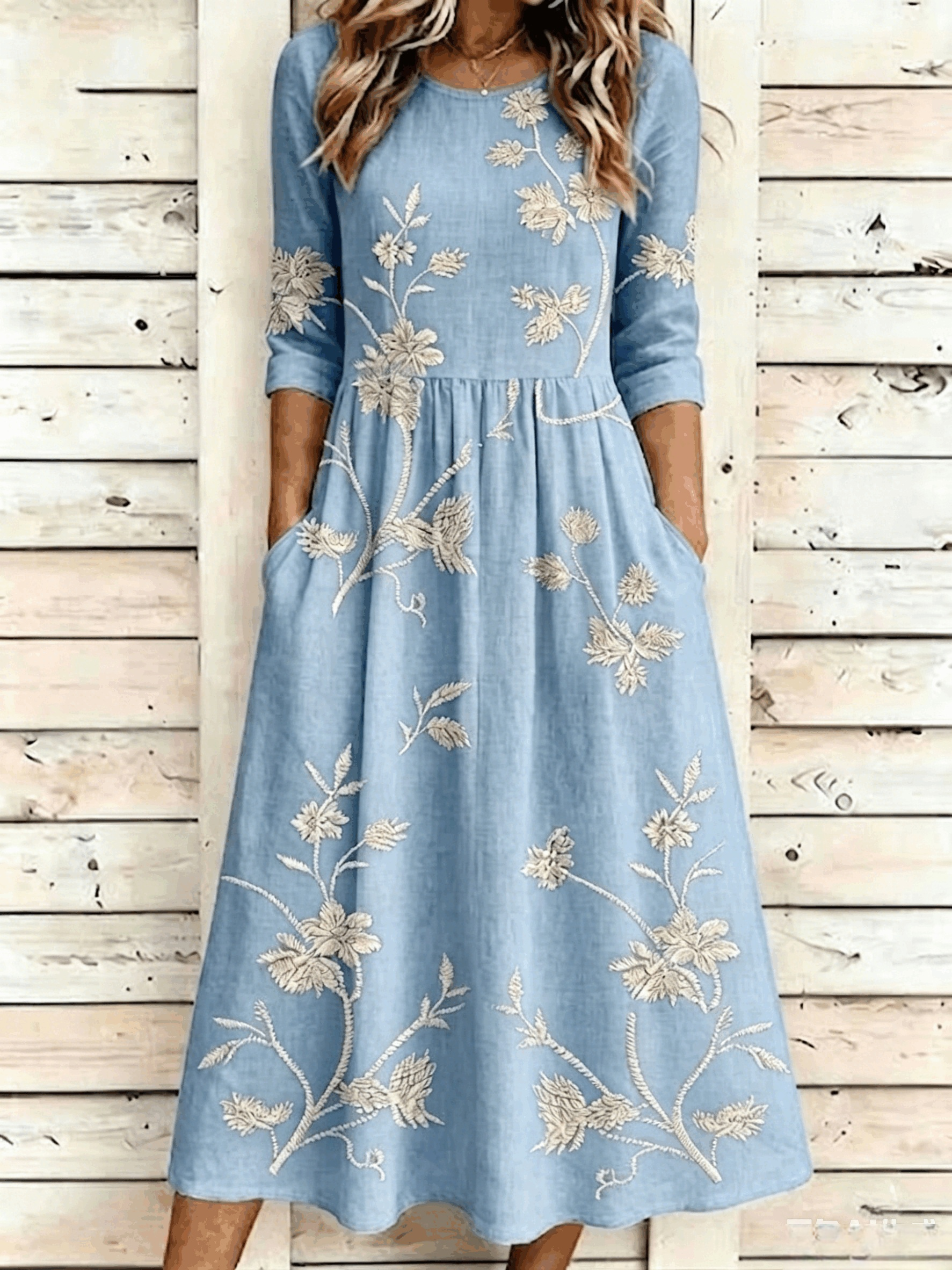 Floral Vintage Crew Neck Printing Dress With No