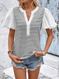 Elegant Striped V Neck Button Puff Short Sleeve Casual Jersey Blouse
