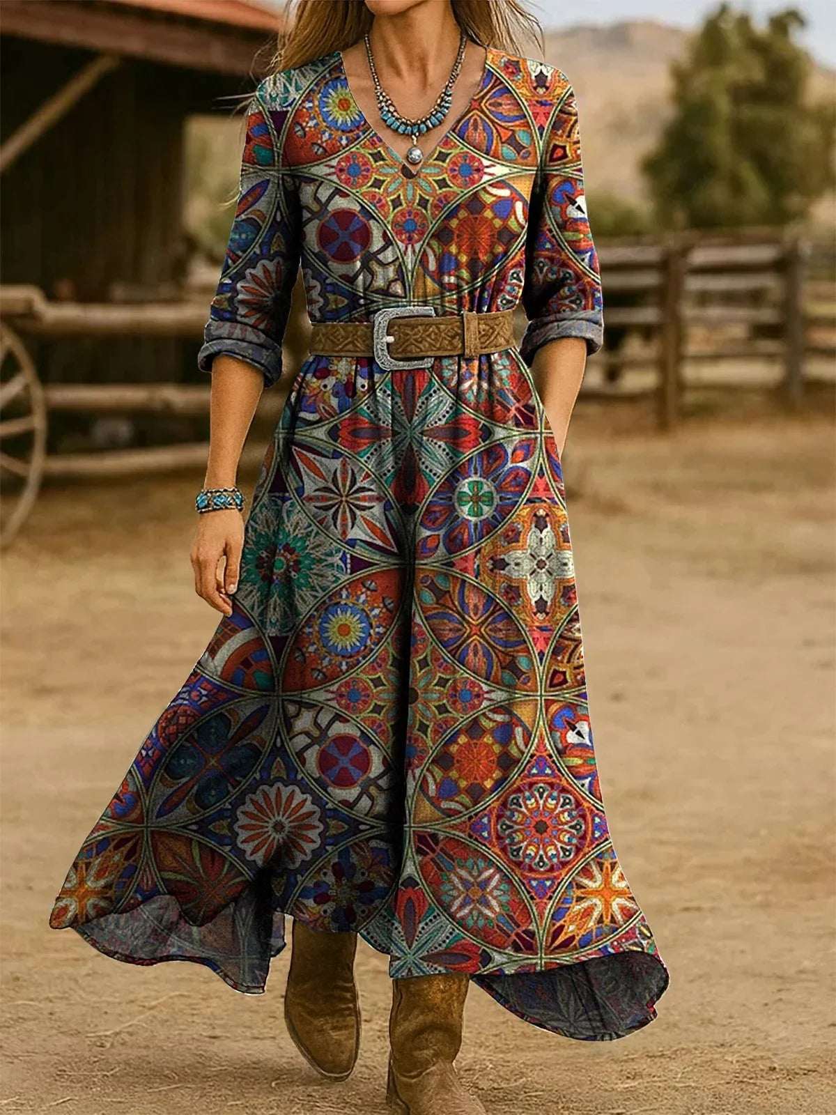 Loose Floral V Neck Vintage Dress With No