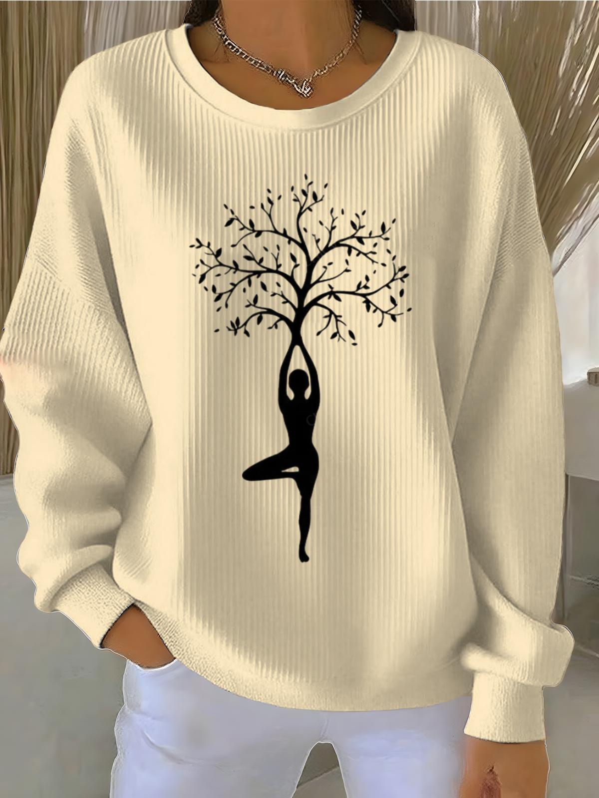 White Crew-Neck Sweatshirt with Yoga Tree Pose Graphic