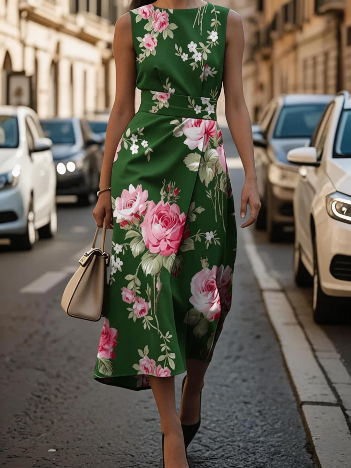 Pink Floral Sleeveless Midi Dress A-Line Wedding Guest Cocktail Dress