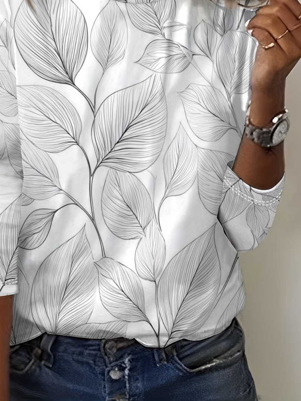 Women's Long Sleeve T-shirt Spring/Fall White Leaf Printing Jersey Crew Neck Daily Going Out Casual Top