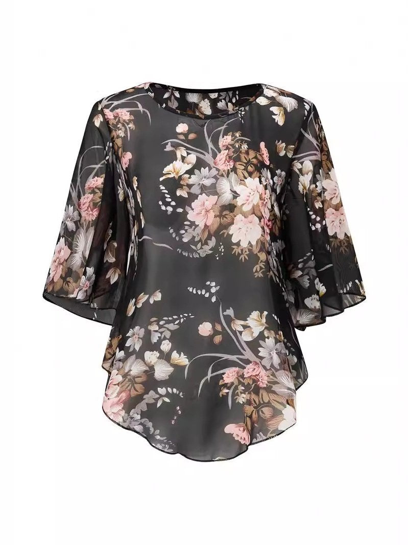 Women's Half Sleeve Blouse Summer Black Floral Crew Neck Dolman Sleeve Daily Going Out Casual Top