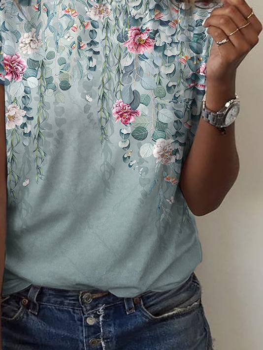 Print Casual V Neck Short Sleeve T-Shirt