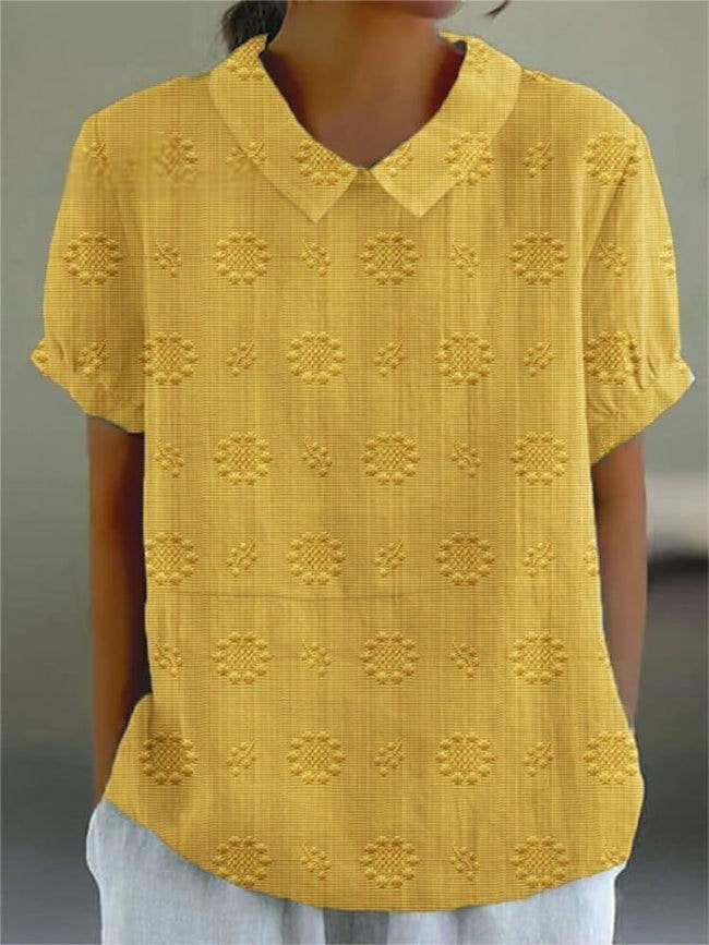 Vintage Printed Textured Short Sleeve Blouse with Peter Pan Collar