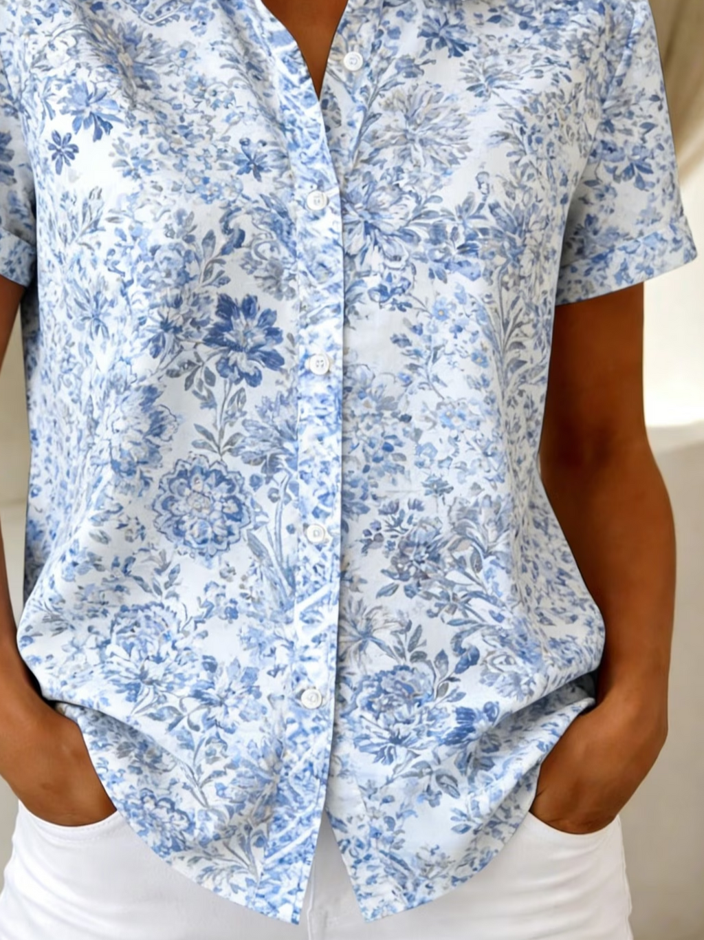 Women's Short Sleeve Shirt Summer Blue Floral Printing Shirt Collar Daily Going Out Casual Top