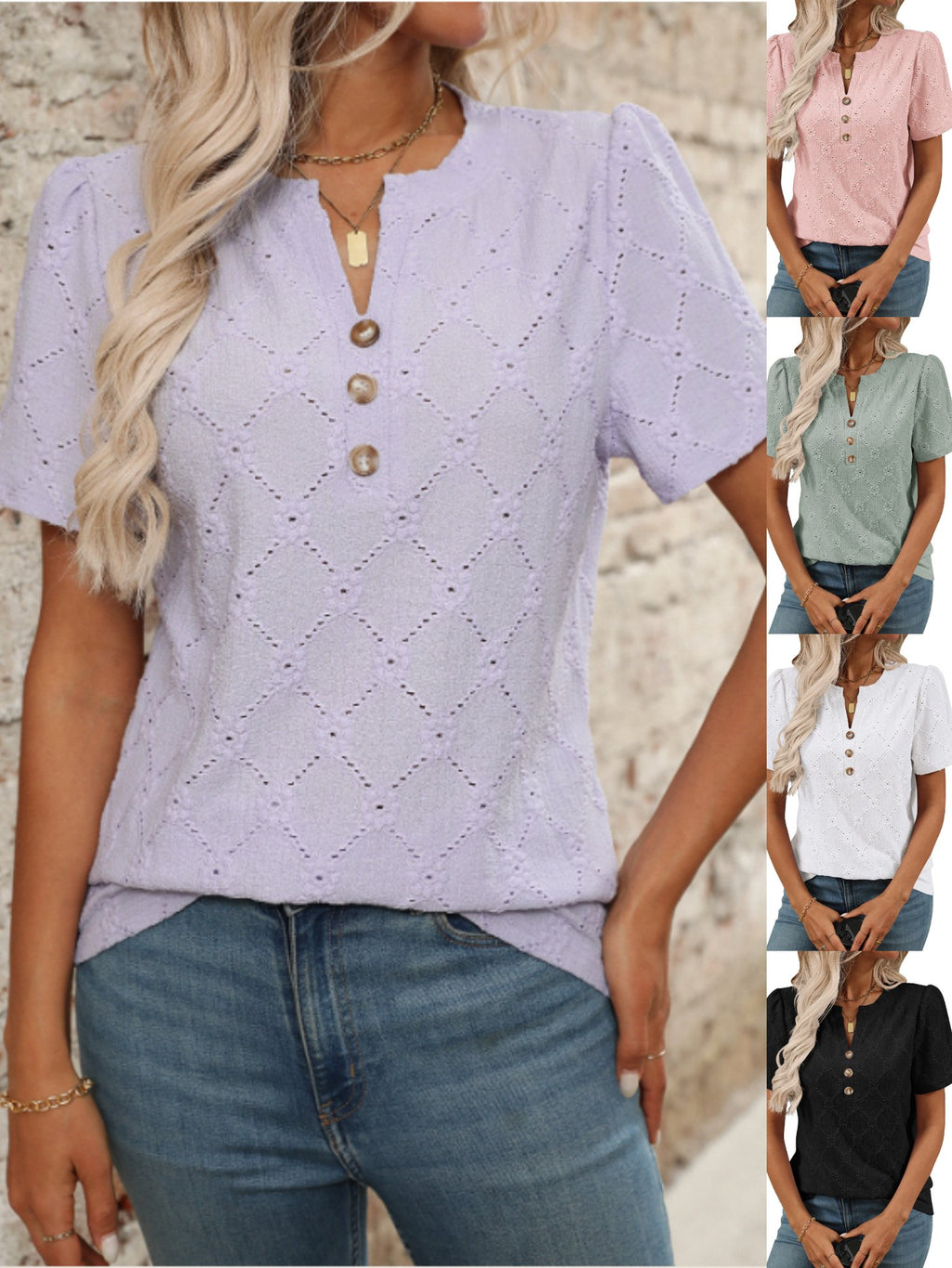 Women's short-sleeved T-shirt summer light purple pure cotton V-neck hollow daily out casual top