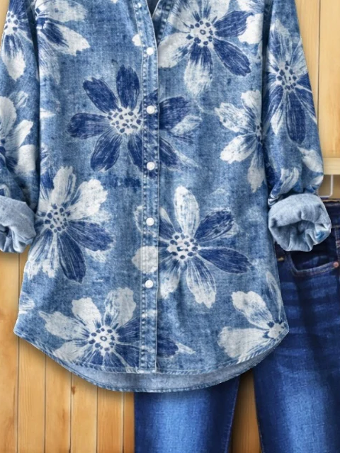 Women's Long Sleeve Shirt Spring/Fall Blue Floral Buckle Shirt Collar Regular Sleeve Daily Going Out Casual Top