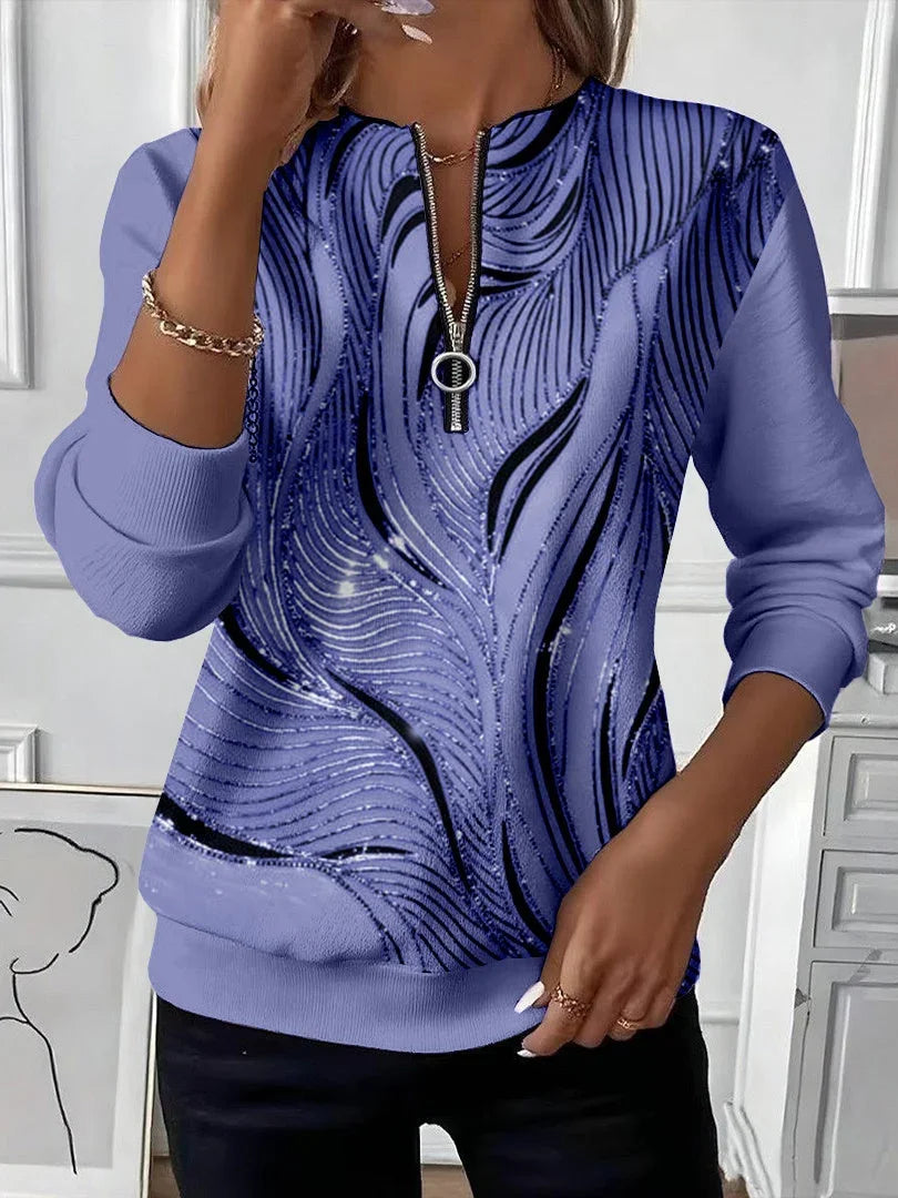 Women's Abstract Print Casual Zipper Long Sleeve Sweatshirt